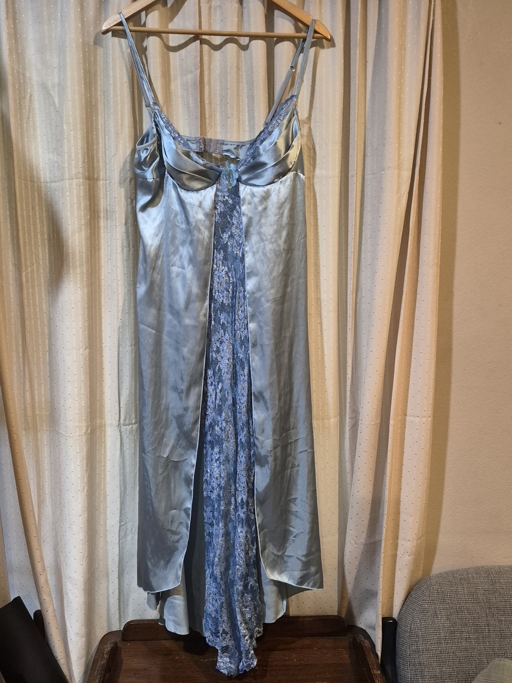Vintage Shirley of Hollywood Ice Blue Satin Lace Panel Slip Dress Size L